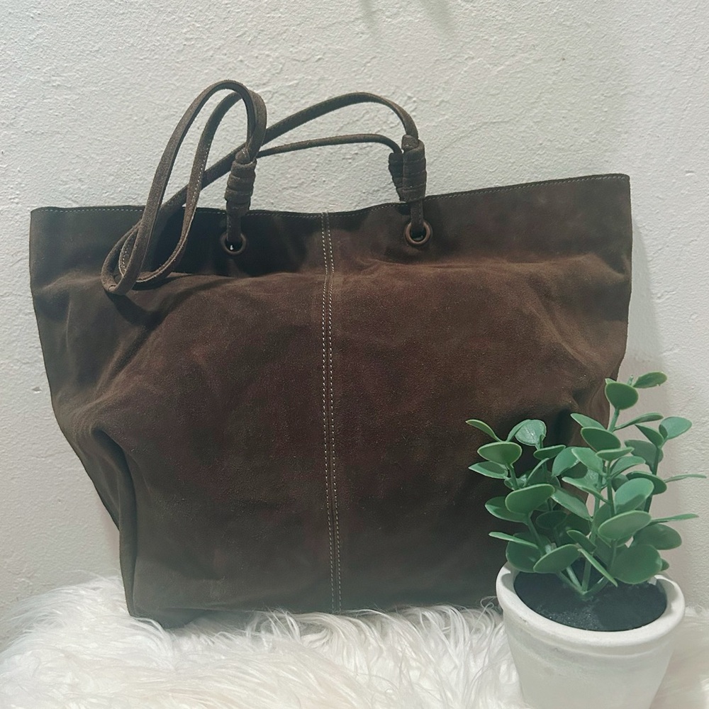 Suede Olive Green Leather Tote Snap Closure 1 zip & 2 pocket areas inside NWT